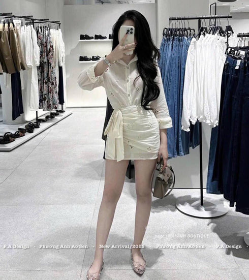 Cotton Hollow Out Embroidered Shirts With Mini Skirts